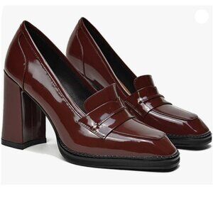 FOWT Dressy High Block Heels Loafers for Women Classical Square Toe Pumps Red